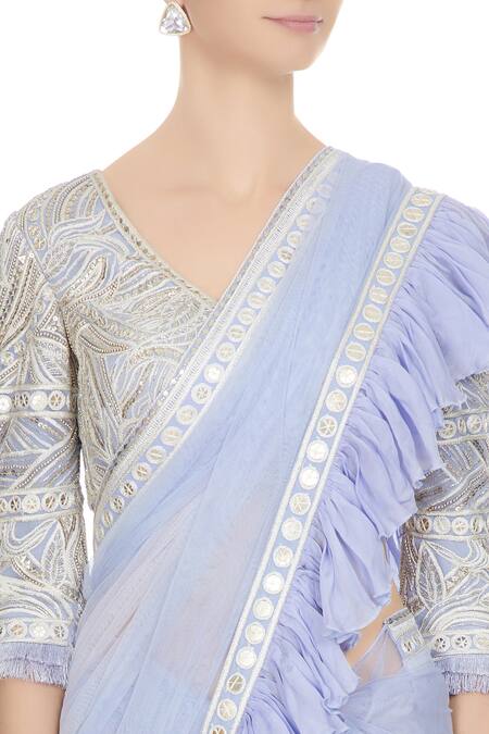 Buy_Ritika Mirchandani_Purple Violet Embroidered Blouse With Net Ruffle Detail Frilly Saree_Online_at_Aza_Fashions