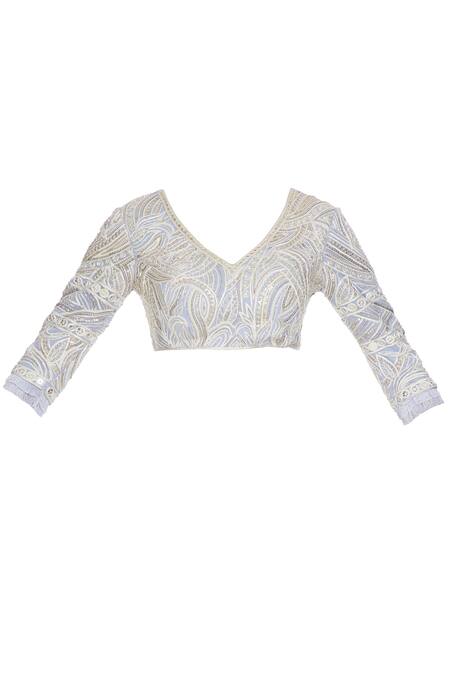 Shop_Ritika Mirchandani_Purple Violet Embroidered Blouse With Net Ruffle Detail Frilly Saree_Online_at_Aza_Fashions