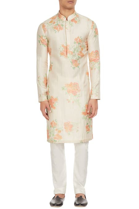 Shop_Sva By Sonam & Paras Modi_Cream Silk Printed Kurta And Pant Set_Online_at_Aza_Fashions