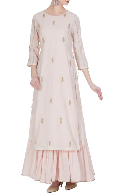 PUNIT BALANA Pink Mulmul Embroidered Zari Work Round Neck Kurta With Tiered Pleated Inner 