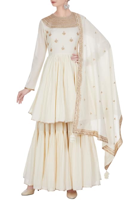 PUNIT BALANA Off White Round Embroidered Short Flared Anarkali With Gharara And Dupatta 