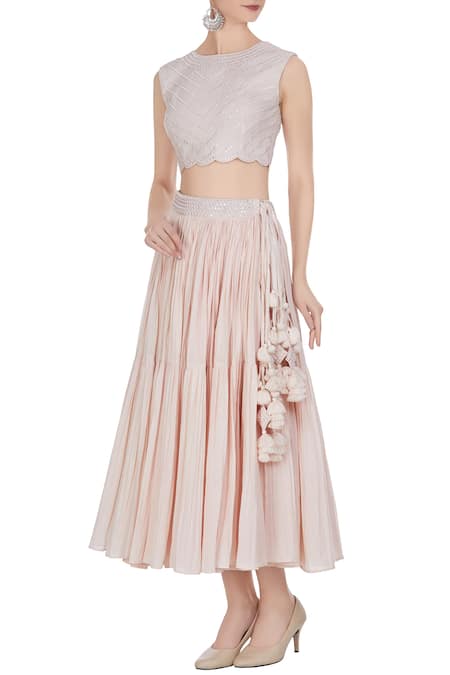 PUNIT BALANA Pink Mulmul Embroidered Thread Work Crop Top With Short Tiered Pleated Skirt