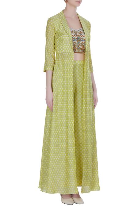Label Anushree_Yellow Embroidered Cape Top With Printed Jacket And Pants  _Online_at_Aza_Fashions