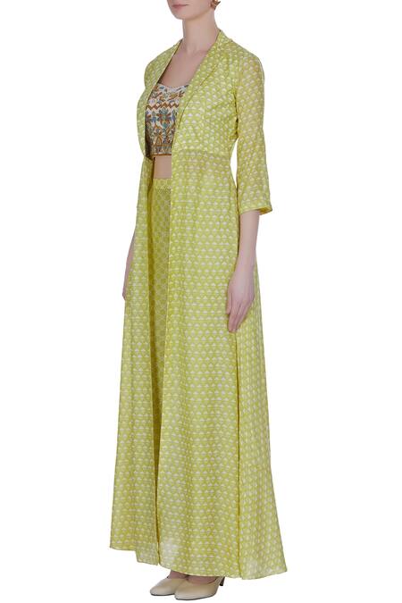 Buy_Label Anushree_Yellow Embroidered Cape Top With Printed Jacket And Pants  _Online_at_Aza_Fashions