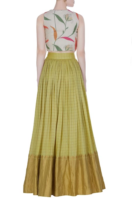 Label Anushree off-white printed crop top with banarasi work skirt  