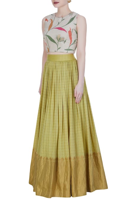 Buy_Label Anushree_White Silk Checkered Pattern And Floral Print Crop Top With Banarasi Work Skirt _Online_at_Aza_Fashions