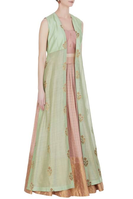 Label Anushree_Green Silk Embroidered Banarasi Sweetheart Open Jacket Skirt Set _Online_at_Aza_Fashions