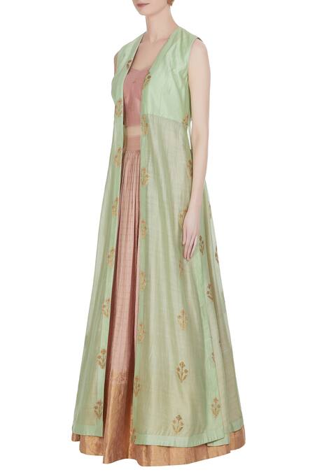 Buy_Label Anushree_Green Silk Embroidered Banarasi Sweetheart Open Jacket Skirt Set _Online_at_Aza_Fashions