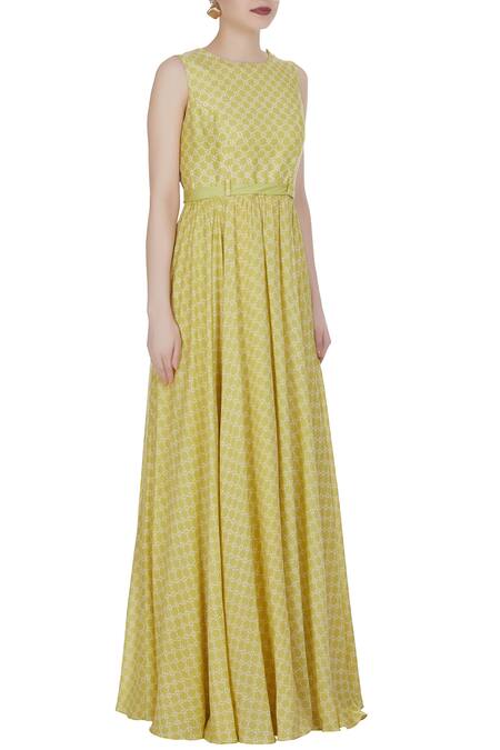 Label Anushree_Yellow Cotton Silk Floral Round Printed Neck Maxi Dress _Online_at_Aza_Fashions