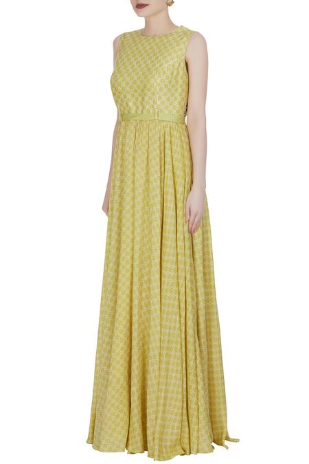 Buy_Label Anushree_Yellow Cotton Silk Floral Round Printed Neck Maxi Dress _Online_at_Aza_Fashions