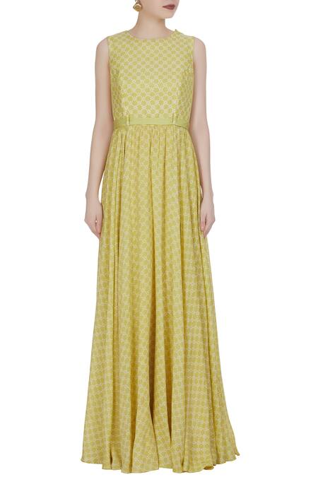 Shop_Label Anushree_Yellow Cotton Silk Floral Round Printed Neck Maxi Dress _Online_at_Aza_Fashions