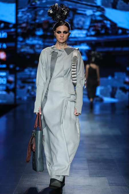 Nitin Bal Chauhan Edge Grey poly wool embellished maxi dress 