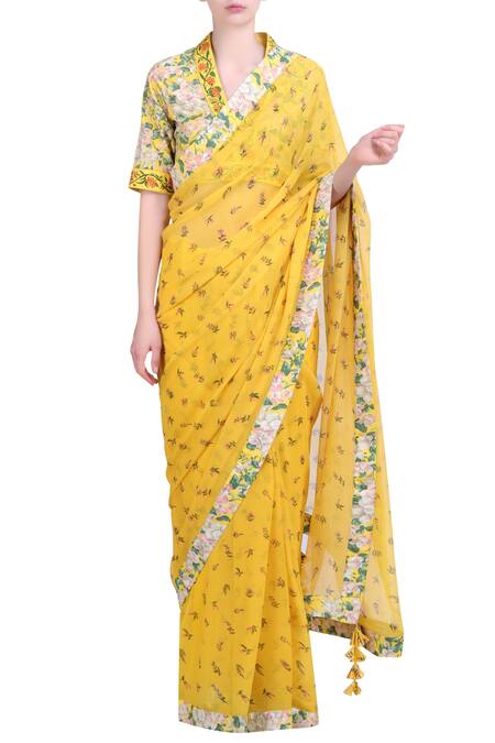 Nikasha Yellow Chiffon V Neck Printed Saree With Blouse Online at Aza Fashions Nikasha_Yellow Chiffon V Neck Printed Saree With Blouse _Online_at_Aza_Fashions