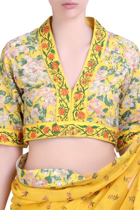 Buy Nikasha Yellow Chiffon V Neck Printed Saree With Blouse Online at Aza Fashions Buy_Nikasha_Yellow Chiffon V Neck Printed Saree With Blouse _Online_at_Aza_Fashions