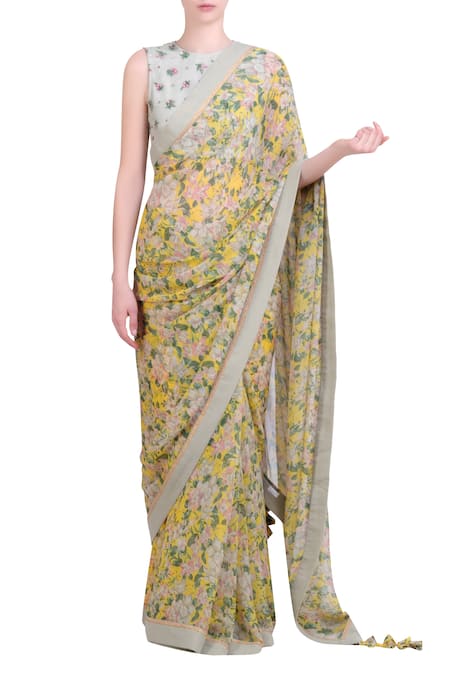 Nikasha Yellow Chiffon Round Printed Saree With Blouse 