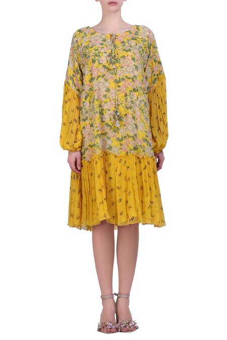 Nikasha Yellow georgette bibi jaal printed tiered dress 