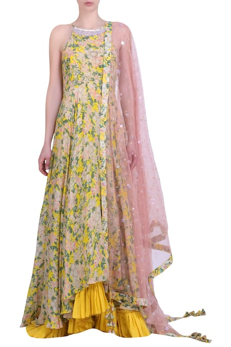 Nikasha Yellow Crepe Halter Printed Anarkali With Dupatta 