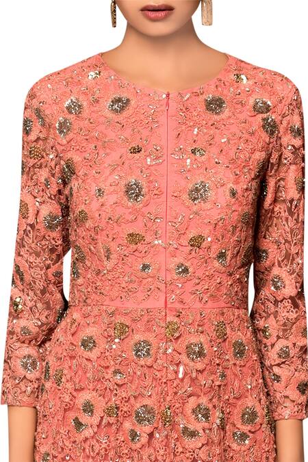 Garo_Peach Butterfly Net Machine And Hand Embroidered Gown _Online_at_Aza_Fashions