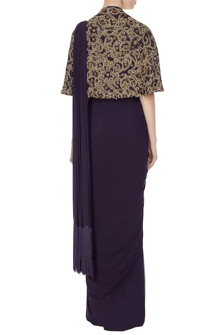 Pooja Rajpal Jaggi Purple concept saree with attached drape & blouse with cape 