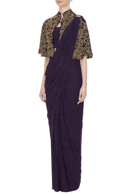Buy_Pooja Rajpal Jaggi_Purple Mesh Concept Saree Attached Drape And Blouse Cape _Online_at_Aza_Fashions