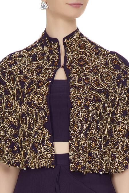 Shop_Pooja Rajpal Jaggi_Purple Mesh Concept Saree Attached Drape And Blouse Cape _Online_at_Aza_Fashions