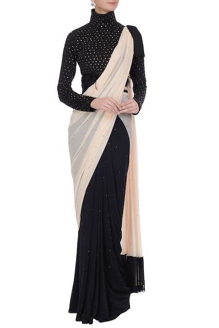 Pooja Rajpal Jaggi Black Mesh And Cream Embellished Concept Saree With High Neck Blouse For Women