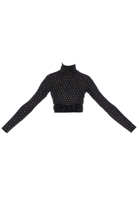 Shop_Pooja Rajpal Jaggi_Black Mesh And Cream Embellished Concept Saree With High Neck Blouse _Online_at_Aza_Fashions