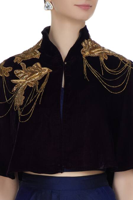 Pooja Rajpal Jaggi_Purple Velvet Short Embroidered Cape _at_Aza_Fashions