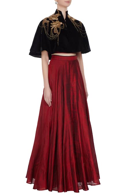 Pooja Rajpal Jaggi_Maroon Raw Silk Bustier Blouse With Lehenga And Cape _Online_at_Aza_Fashions