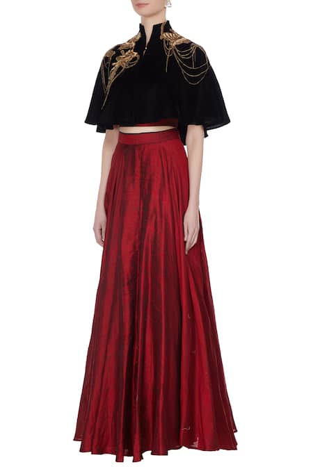 Buy_Pooja Rajpal Jaggi_Maroon Raw Silk Bustier Blouse With Lehenga And Cape _Online_at_Aza_Fashions