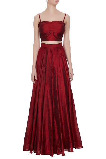Shop_Pooja Rajpal Jaggi_Maroon Raw Silk Bustier Blouse With Lehenga And Cape _Online_at_Aza_Fashions