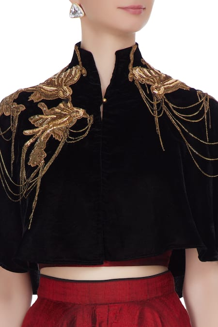 Pooja Rajpal Jaggi_Maroon Raw Silk Bustier Blouse With Lehenga And Cape _at_Aza_Fashions