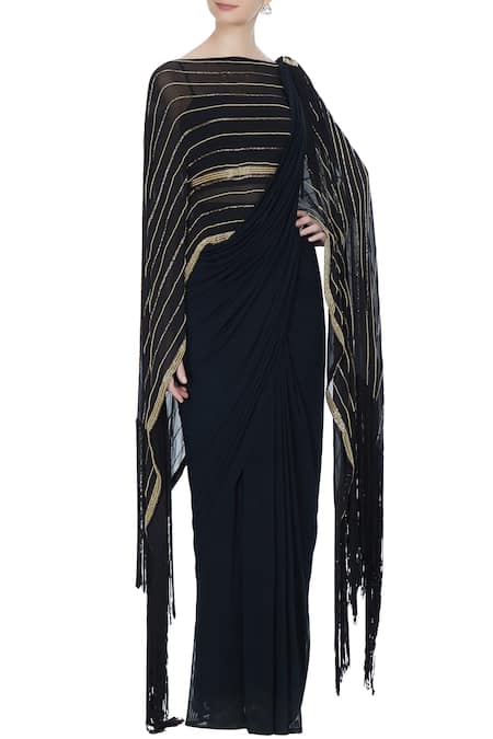 Pooja Rajpal Jaggi Black Cape Organza Concept Saree With Attached Pallu-drape And Blouse For Women