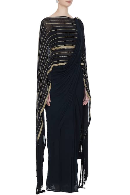 Pooja Rajpal Jaggi_Black Cape Organza, Inner And Concept Saree With Attached Pallu-drape & Blouse _Online_at_Aza_Fashions
