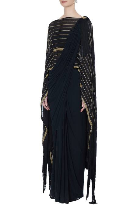 Buy_Pooja Rajpal Jaggi_Black Cape Organza, Inner And Concept Saree With Attached Pallu-drape & Blouse _Online_at_Aza_Fashions