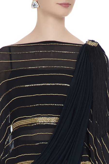 Shop_Pooja Rajpal Jaggi_Black Cape Organza, Inner And Concept Saree With Attached Pallu-drape & Blouse _Online_at_Aza_Fashions