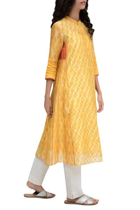 Krishna Mehta_Saffron Yellow Chanderi Tie-dye Kurta_Online_at_Aza_Fashions
