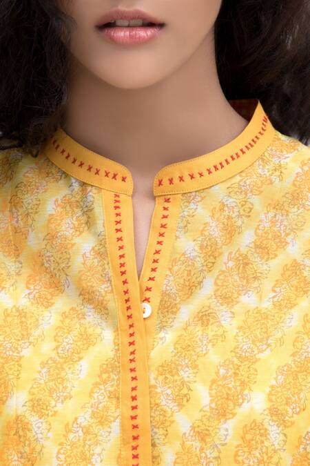 Buy_Krishna Mehta_Saffron Yellow Chanderi Tie-dye Kurta_Online_at_Aza_Fashions