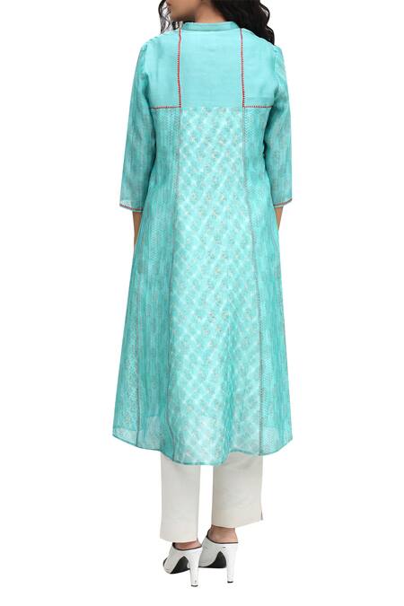 Shop Krishna Mehta Blue Turquoise Block Printed A-line Kurta at Aza Fashions Shop_Krishna Mehta_Blue Turquoise Block Printed A-line Kurta_at_Aza_Fashions