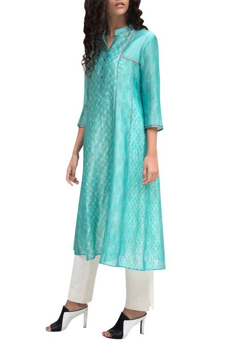 Krishna Mehta Blue Turquoise Block Printed A-line Kurta Online at Aza Fashions Krishna Mehta_Blue Turquoise Block Printed A-line Kurta_Online_at_Aza_Fashions