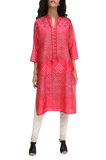 Krishna Mehta Red Block Printed Tie-dye Kurta