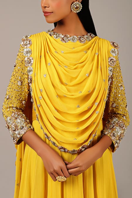 Buy Nidhika Shekhar Yellow Georgette Silk Lining Shantoon Round Draped Anarkali Gown Online at Aza Fashions Buy_Nidhika Shekhar_Yellow Georgette Silk Lining Shantoon Round Draped Anarkali Gown _Online_at_Aza_Fashions