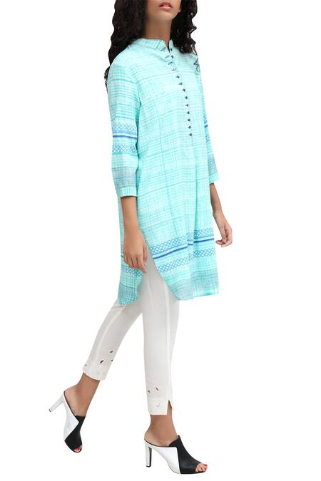 Krishna Mehta Blue Turquoise Block Printed Signature Hand Brushed Tunic 3