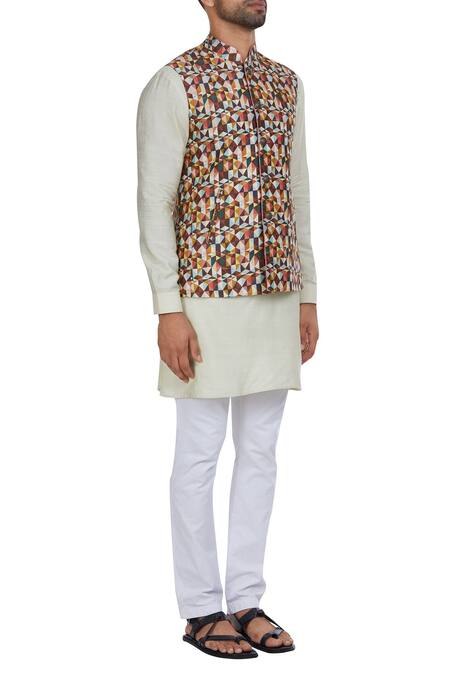 Philocaly_Multi Color Raw Silk Multicolored Nehru Jacket With Kurta And Pants_Online_at_Aza_Fashions