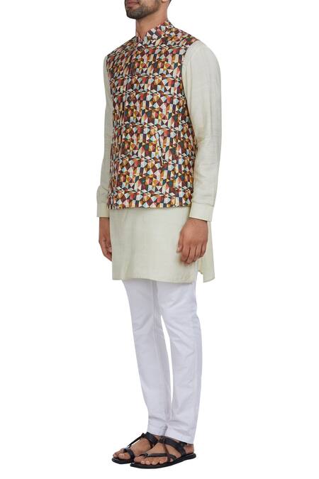 Buy_Philocaly_Multi Color Raw Silk Multicolored Nehru Jacket With Kurta And Pants_Online_at_Aza_Fashions