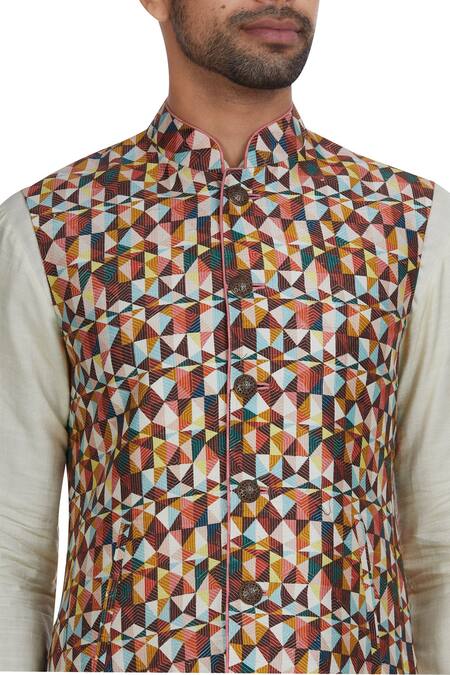Philocaly_Multi Color Raw Silk Multicolored Nehru Jacket With Kurta And Pants_at_Aza_Fashions