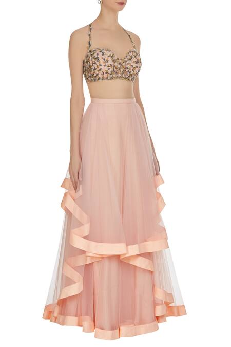 Diyarajvvir_Peach Shantoon Blouse And Layered Lehenga_Online_at_Aza_Fashions