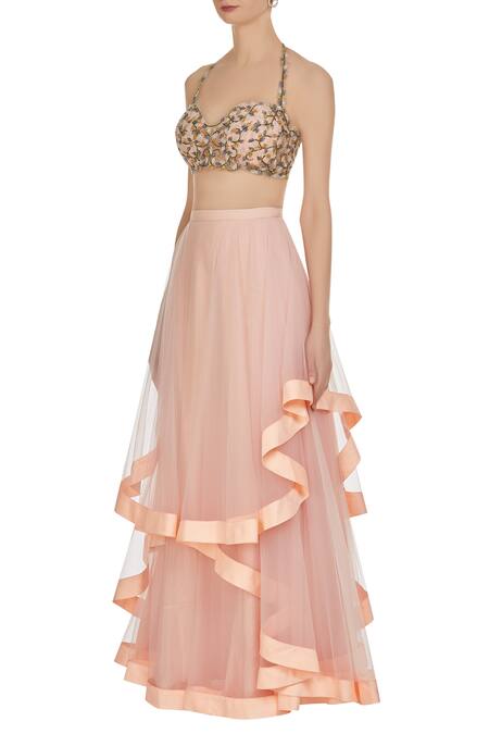 Buy_Diyarajvvir_Peach Shantoon Blouse And Layered Lehenga_Online_at_Aza_Fashions