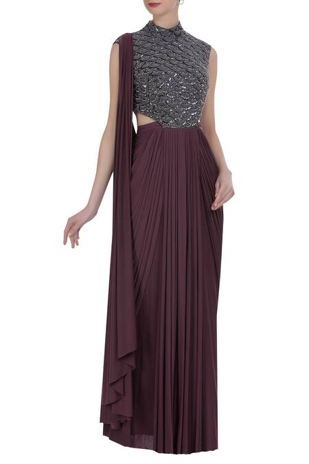 Diyarajvvir Purple Embroidered Blouse With Pre-stitched Saree