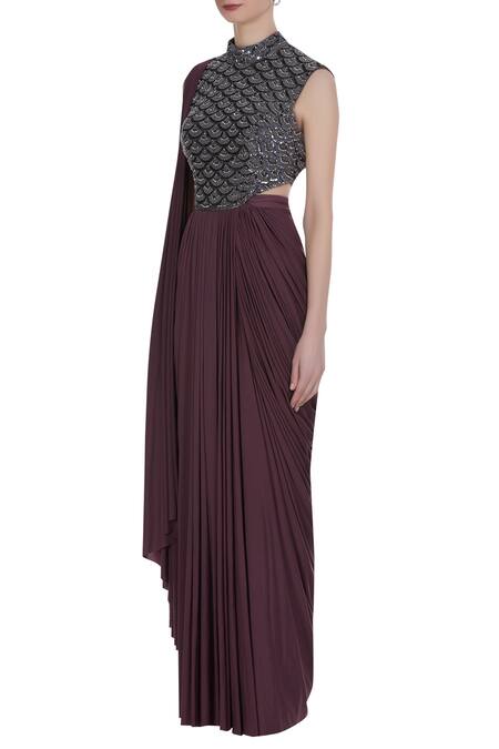 Buy Diyarajvvir Purple Embroidered Blouse With Pre-stitched Saree Online at Aza Fashions Buy_Diyarajvvir_Purple Embroidered Blouse With Pre-stitched Saree_Online_at_Aza_Fashions